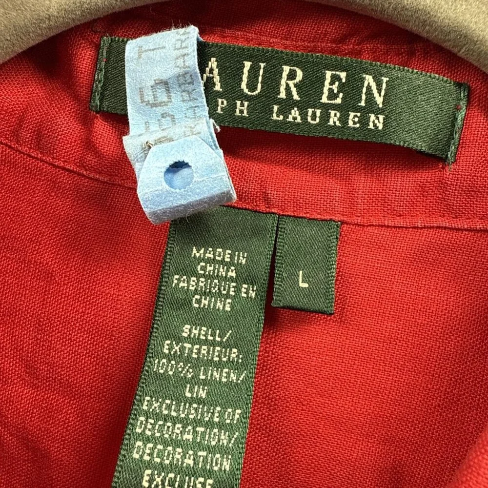 Lauren Ralph Lauren Women's Top Size L 100% Linen Solid Red Blue Anchor Roll Tab